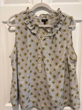 Talbots White Polka Dot Sunflower Ruffle Neck Sleeveless Top